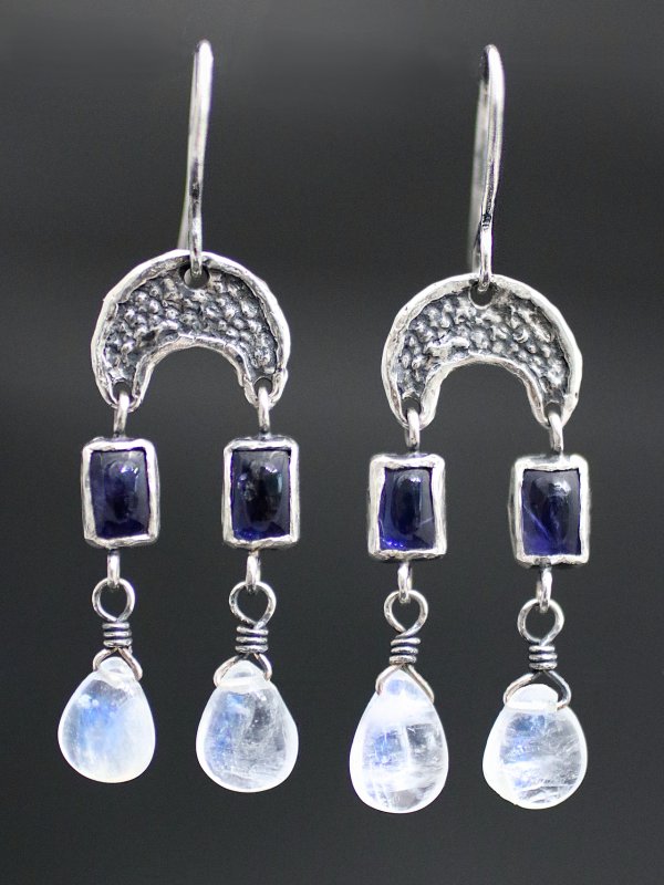 Ancient Crescent Moon Iolite Moonstone Earrings