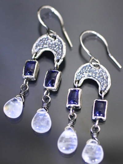 Ancient Crescent Moon Iolite Moonstone Earrings