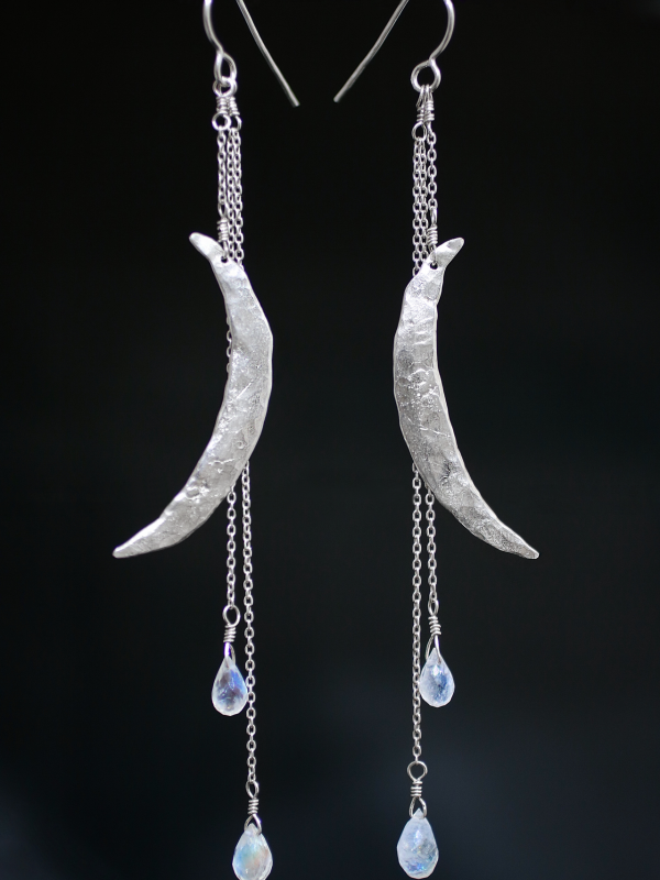 Silver Crescent Moon Rainbow Moonstone Chandelier Earrings