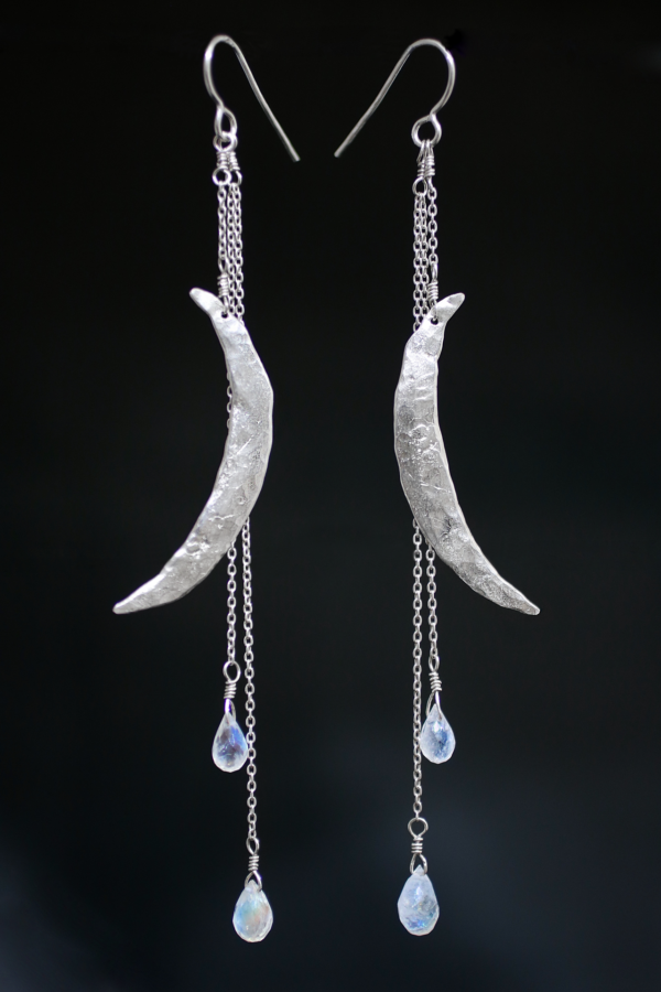 Silver Crescent Moon Rainbow Moonstone Chandelier Earrings