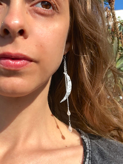 Silver Crescent Moon Rainbow Moonstone Chandelier Earrings