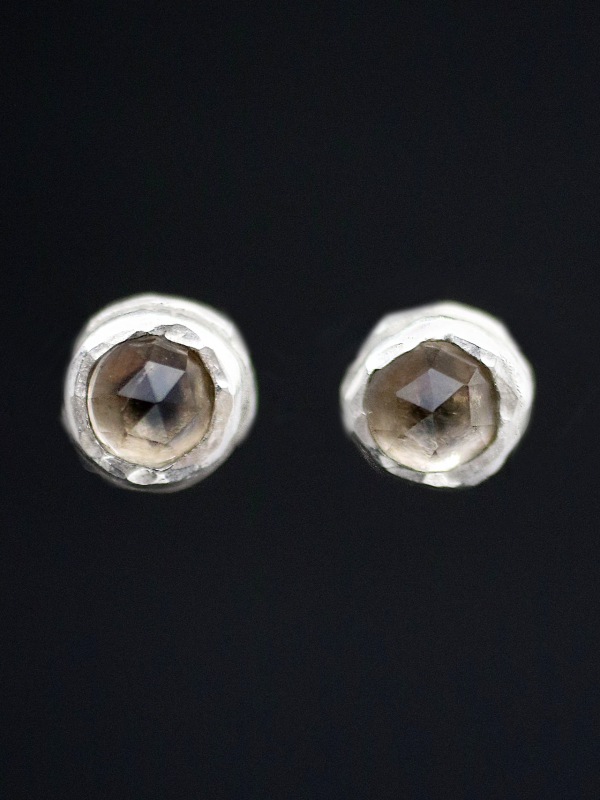 Rose Cut Smokey Quartz Silver Stud Earrings