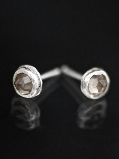 Rose Cut Smokey Quartz Silver Stud Earrings