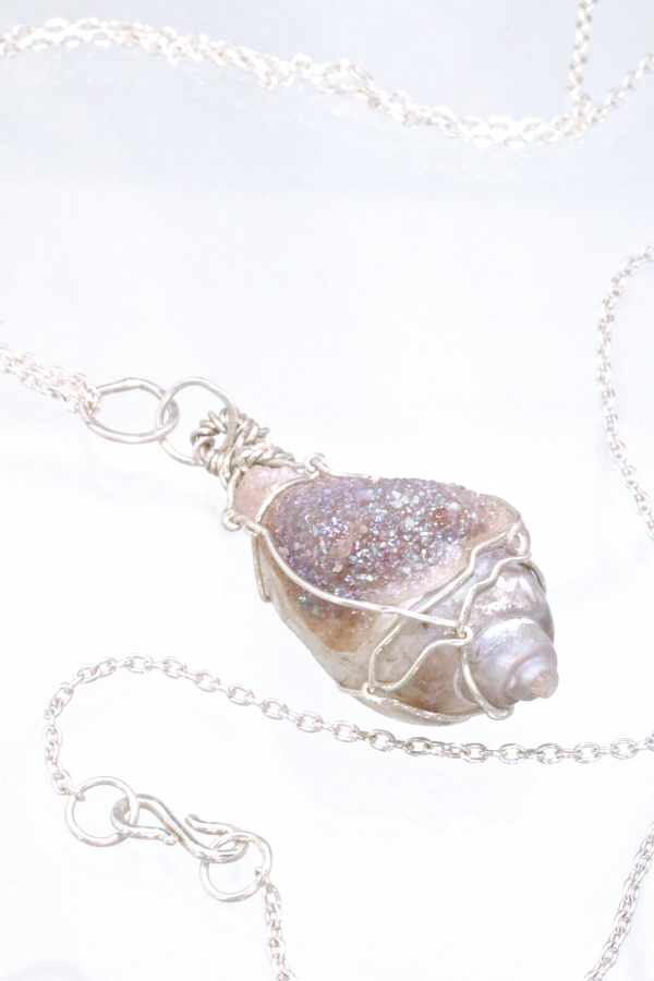 Sea Shell Fossil Wrapped Silver Necklace