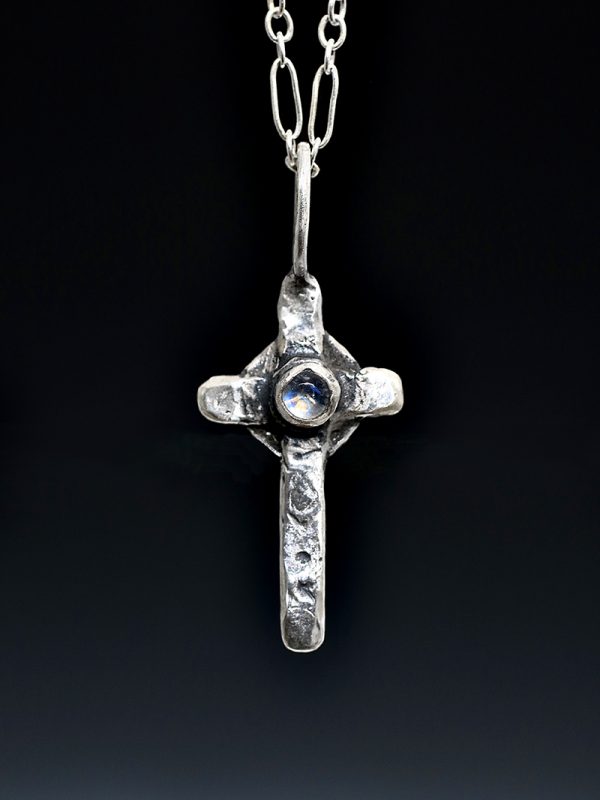 Silver Rainbow Moonstone King Arthur Cross Necklace