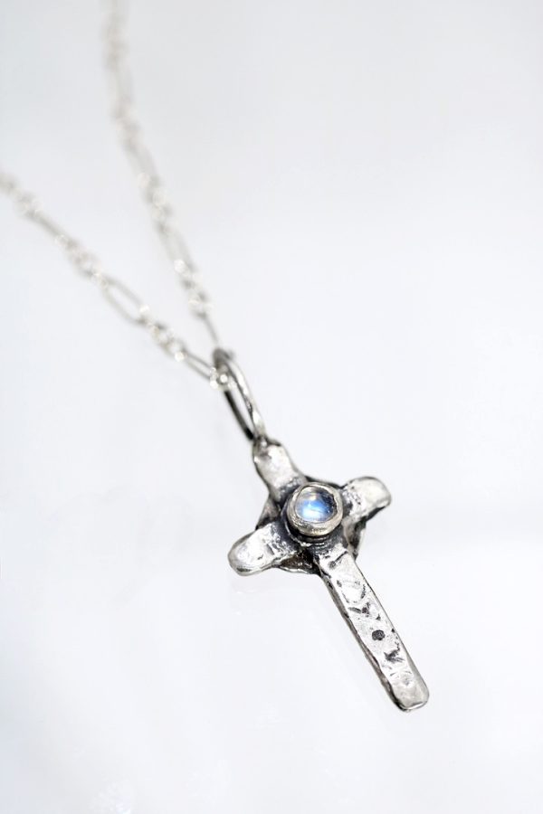 Silver Rainbow Moonstone King Arthur Cross Necklace
