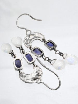 Ancient Crescent Moon Iolite Moonstone Earrings