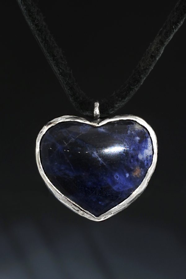Sodalite Heart Silver Leather Choker Necklace
