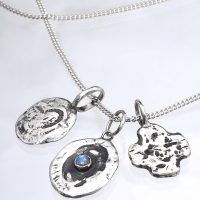 Rainbow Moonstone Silver Triple Found Charms Necklace
