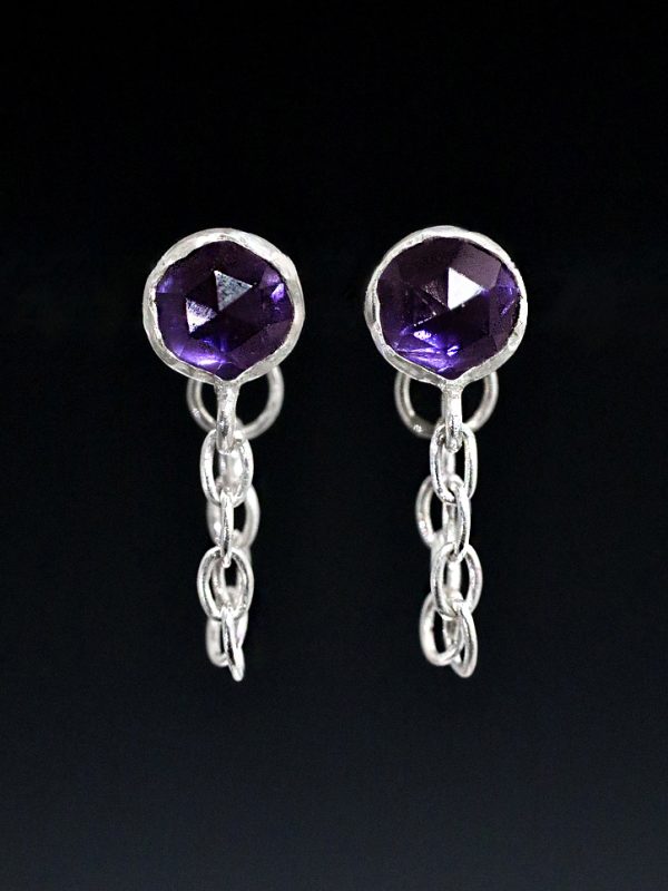 Chained Silver Stud Amethyst Earrings