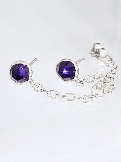 Chained Silver Stud Amethyst Earrings