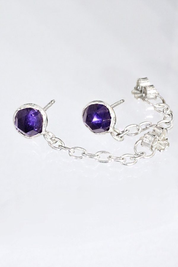 Chained Silver Stud Amethyst Earrings