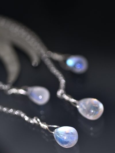 Silver Hammered Crescent Moon Rainbow Moonstone Chandelier Earrings