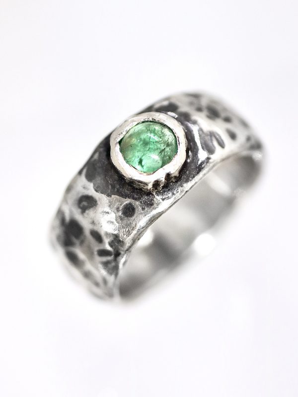 Silver Boulder Emerald Solitaire Ring