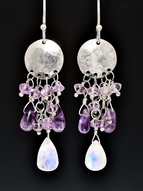 Silver Rainbow Moonstone Amethyst Chandelier Earrings