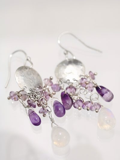 Silver Rainbow Moonstone Amethyst Chandelier Earrings