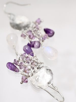 Silver Rainbow Moonstone Amethyst Chandelier Earrings