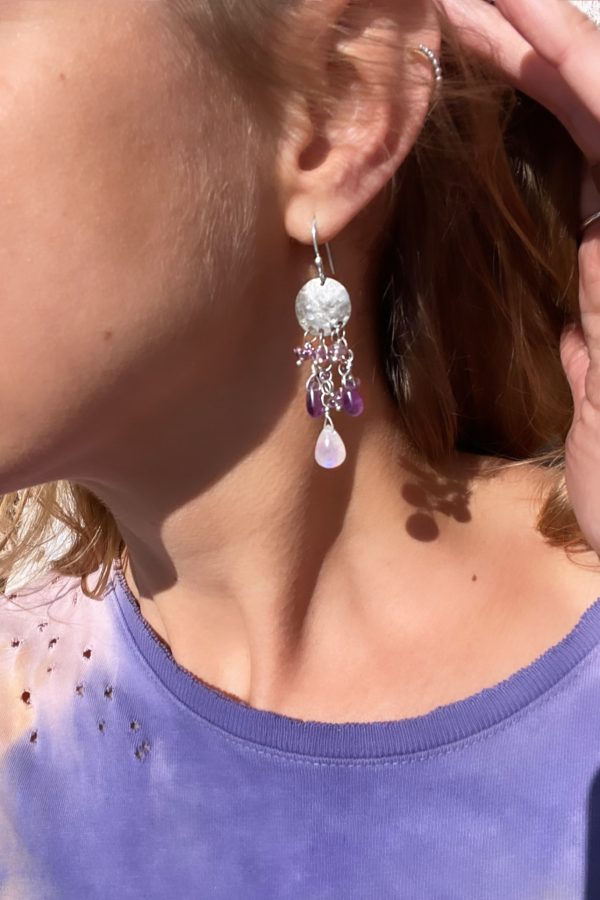 Silver Rainbow Moonstone Amethyst Chandelier Earrings