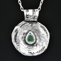 Green Tourmaline Silver Coin Medallion Necklace