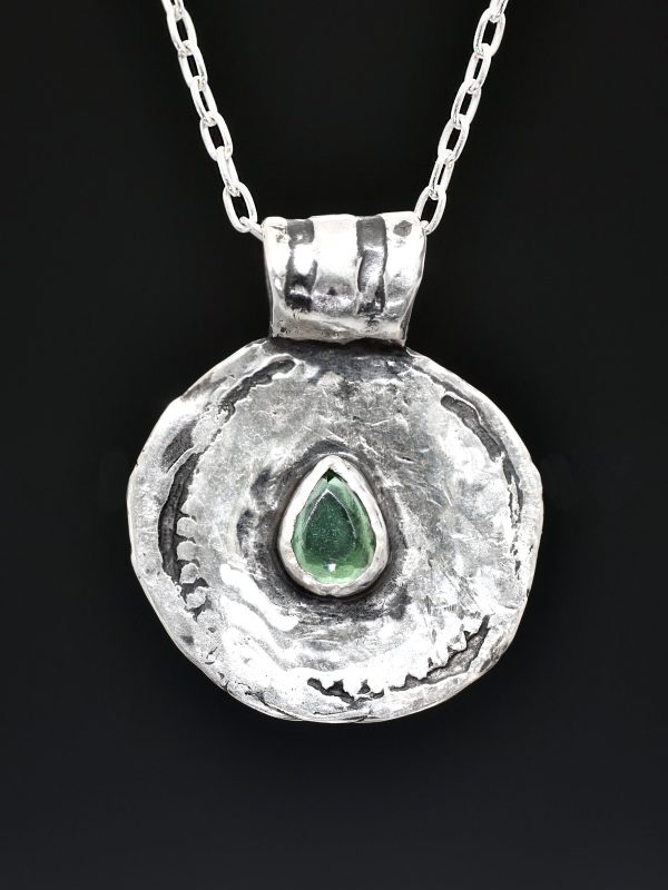 Green Tourmaline Silver Coin Medallion Necklace