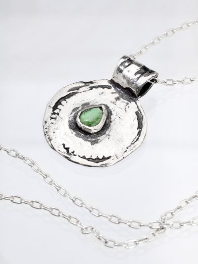 Green Tourmaline Silver Coin Medallion Necklace