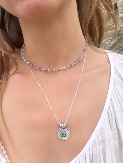 Green Tourmaline Silver Coin Medallion Necklace