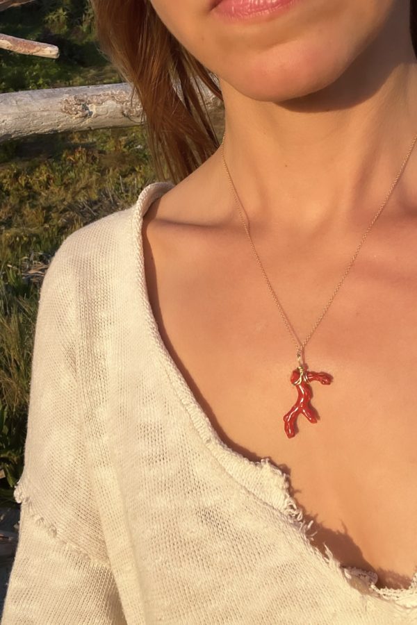 Red Coral Branch Gold Amulet Necklace