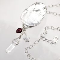 Hematite Quartz Blood Half Moon Silver Charm Necklace