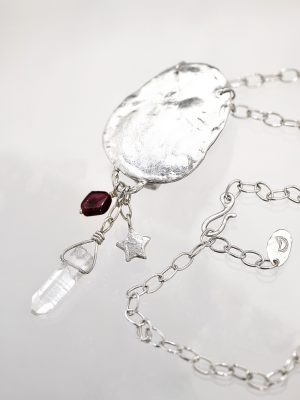 Hematite Quartz Blood Half Moon Silver Charm Necklace