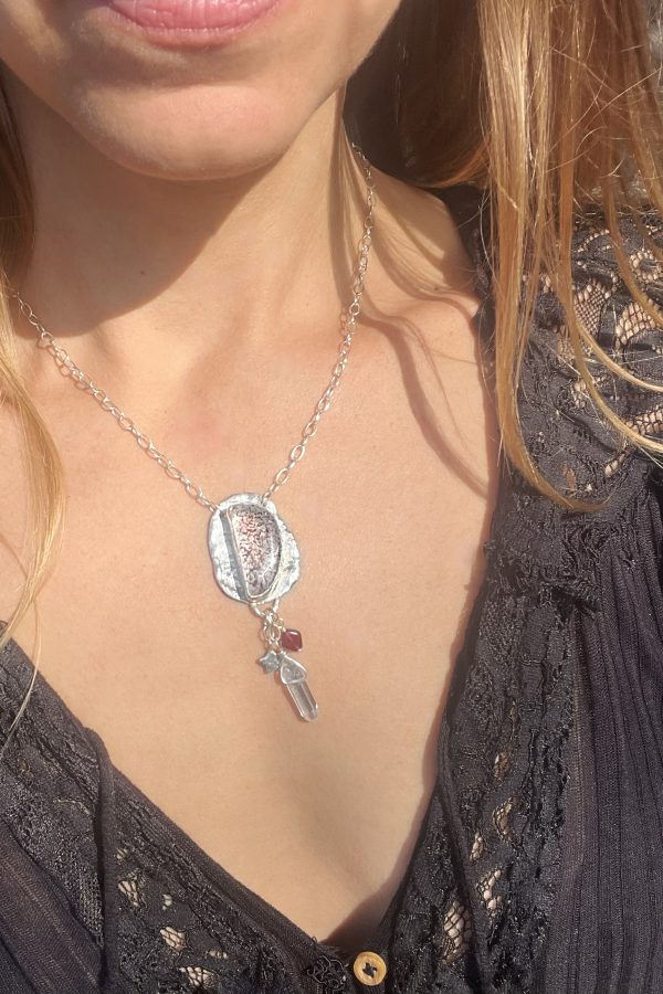 Hematite Quartz Blood Half Moon Silver Charm Necklace