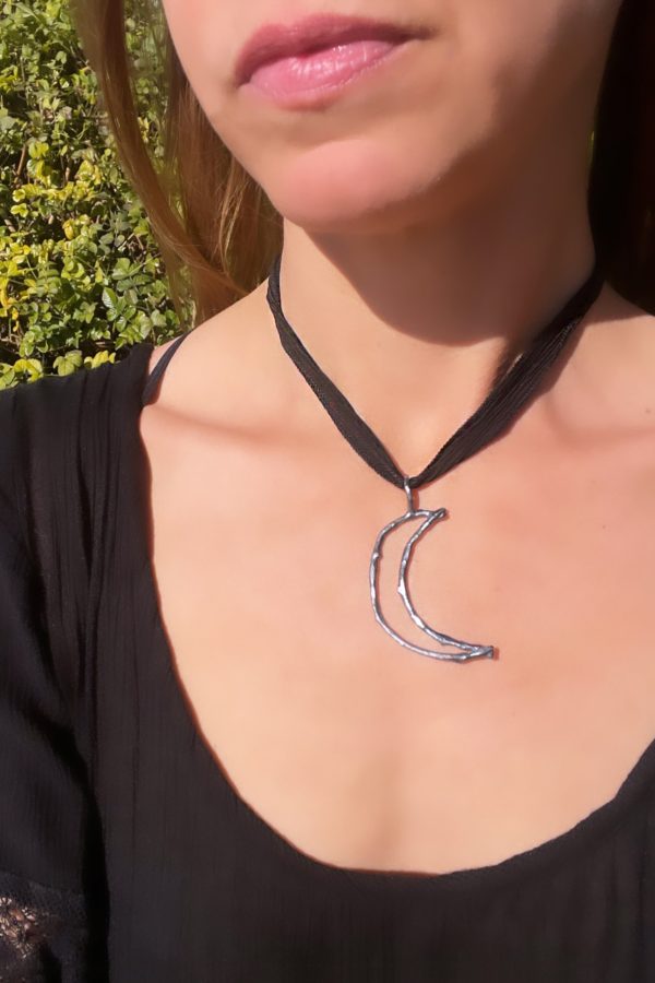 Silver Twig Crescent Moon Choker Necklace