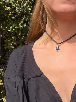 Dark Teardrop Psilomelane Silver Choker Necklace