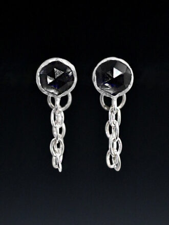 Chained Silver Stud Onyx Earrings