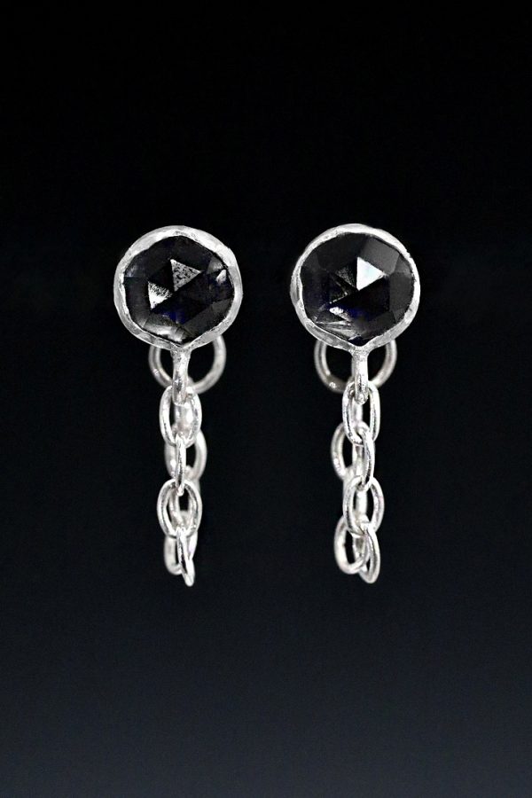 Chained Silver Stud Onyx Earrings