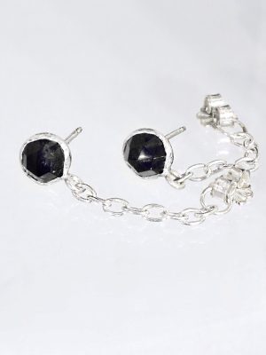Chained Silver Stud Onyx Earrings