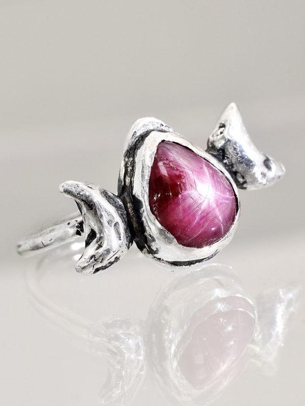 Moon Triple Goddess Silver Star Ruby Ring