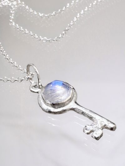 Silver Rainbow Moonstone Key Necklace