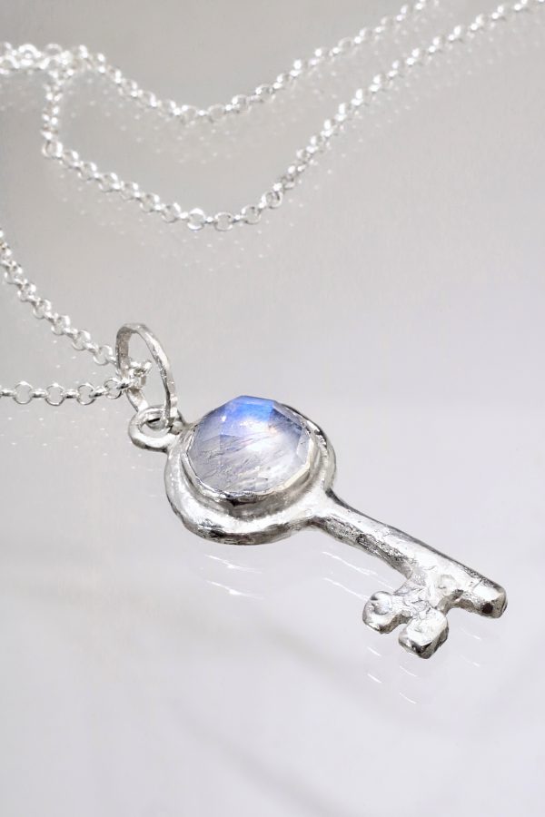 Silver Rainbow Moonstone Key Necklace