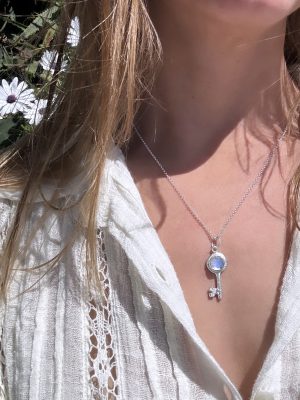 Silver Rainbow Moonstone Key Necklace