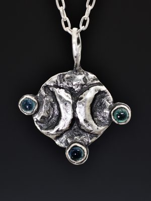 Blue Tourmaline Double Crescent Moon Silver Coin Necklace