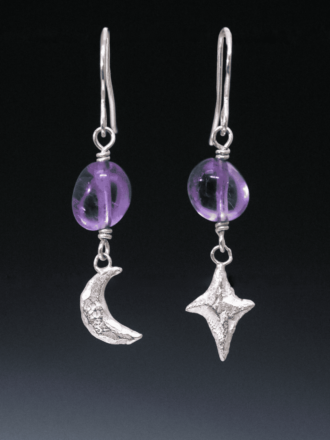 Star and Moon Amethyst Silver Earrings