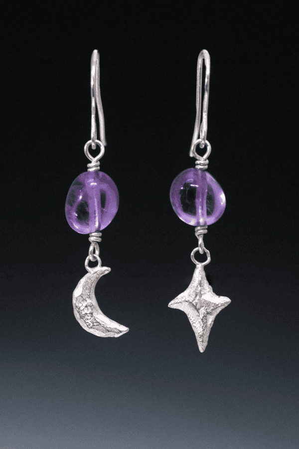 Star and Moon Amethyst Silver Earrings