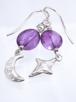 Star and Moon Amethyst Silver Earrings