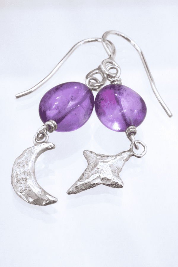 Star and Moon Amethyst Silver Earrings