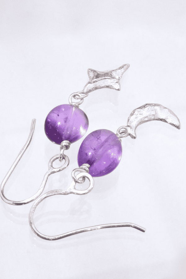 Star and Moon Amethyst Silver Earrings