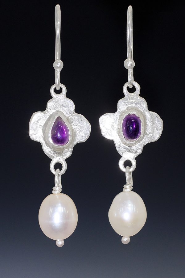 Greek Cross Silver Amethyst Pearl Treasure Earrings