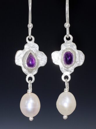 Greek Cross Silver Amethyst Pearl Treasure Earrings