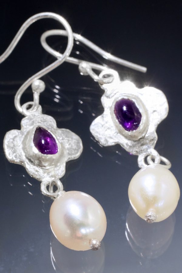 Greek Cross Silver Amethyst Pearl Treasure Earrings