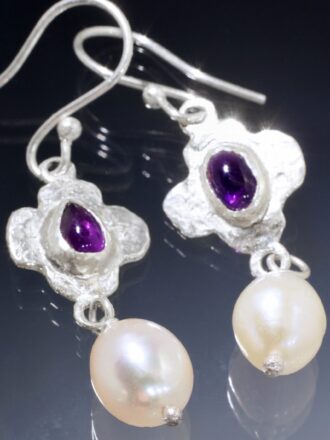 Greek Cross Silver Amethyst Pearl Treasure Earrings