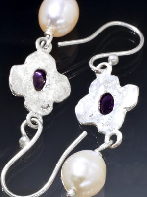 Greek Cross Silver Amethyst Pearl Treasure Earrings